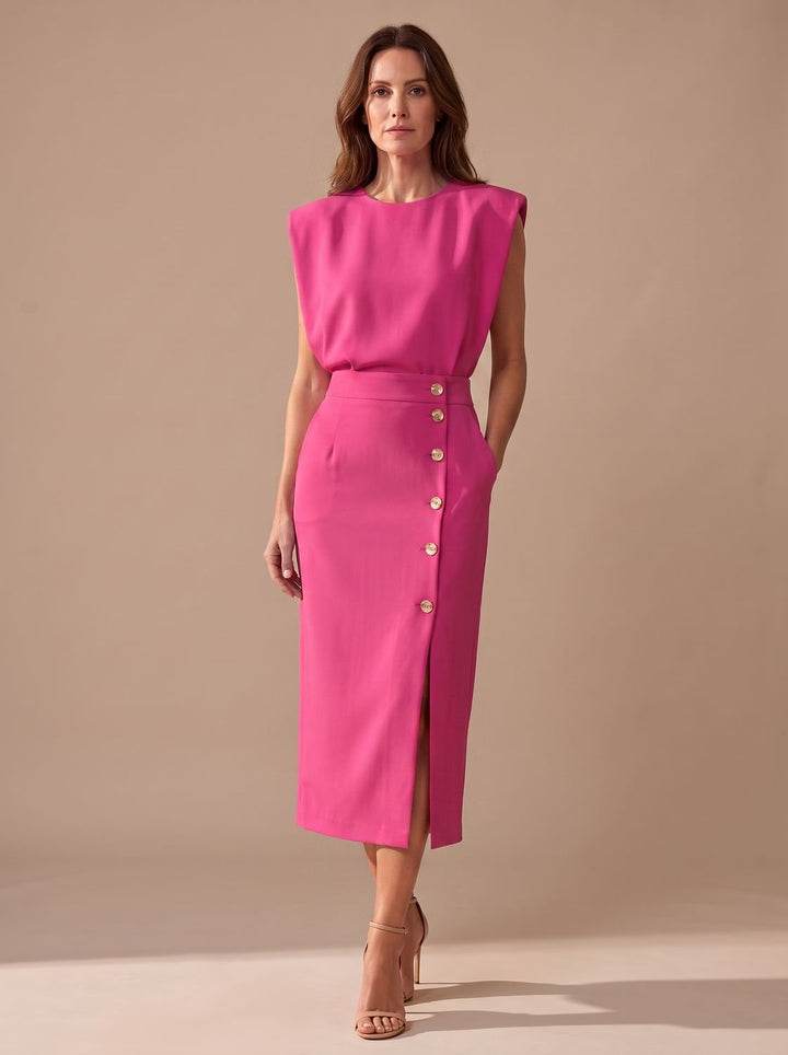 Women's Tailored Sleeveless Midi Dress Gold Button Front-Slit - Neon Pink