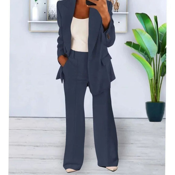 Women's Tailored Two-Piece Blazer Suit Set Wide-Leg Pants - Dark Blue