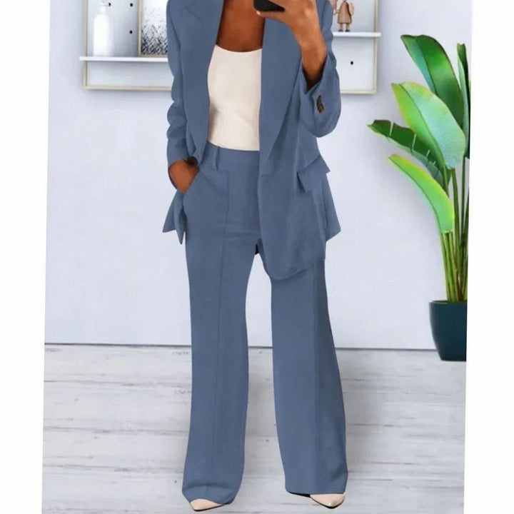 Women's Tailored Two-Piece Blazer Suit Set Wide-Leg Pants - Denim Blue