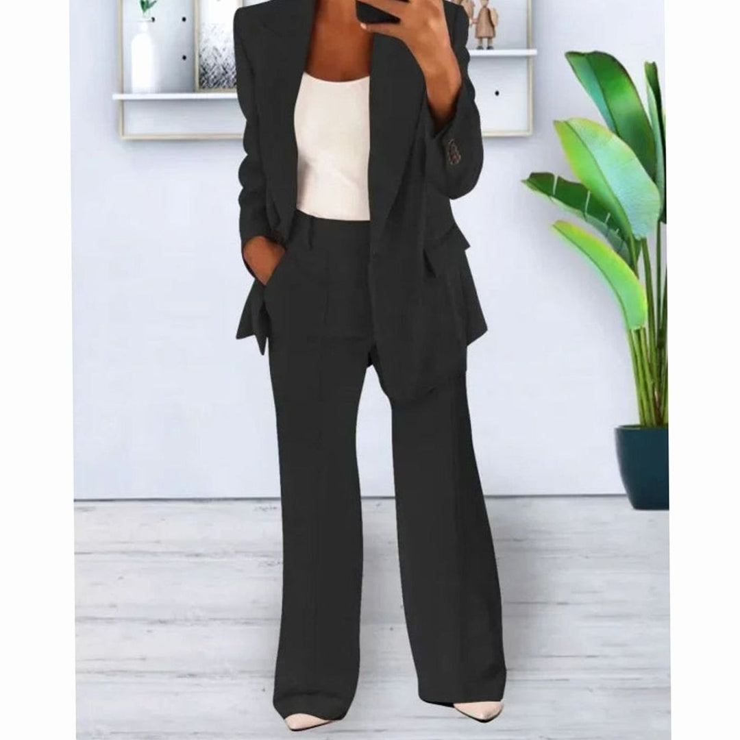 Women's Tailored Two-Piece Blazer Suit Set Wide-Leg Pants - Black