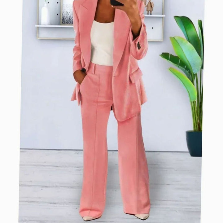 Women's Tailored Two-Piece Blazer Suit Set Wide-Leg Pants - Pink
