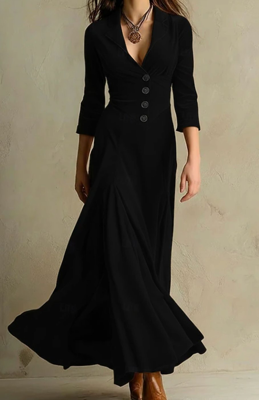 Women's Tailored V-Neck Button-Front Maxi Dress - Black