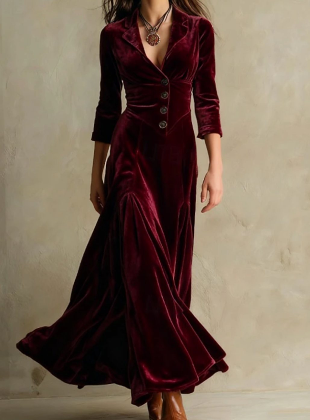 Women's Tailored V-Neck Button-Front Maxi Dress - Burgundy