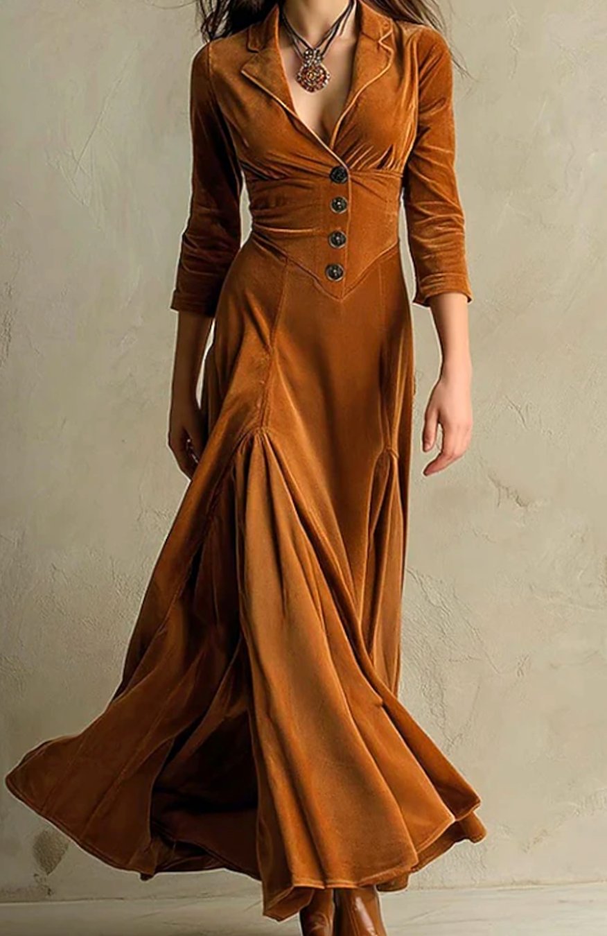 Women's Tailored V-Neck Button-Front Maxi Dress - Brown