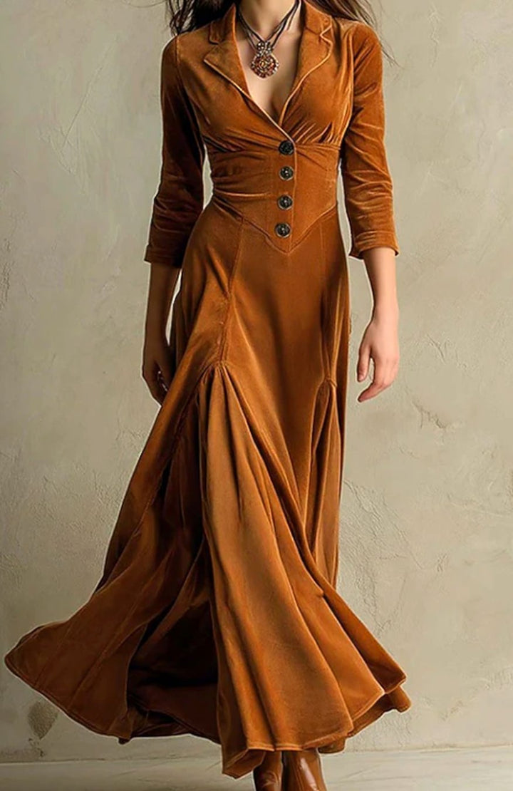 Women's Tailored V-Neck Button-Front Maxi Dress - Brown