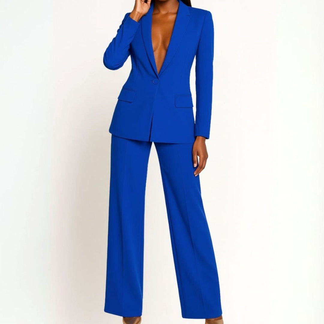 Women's Tailored Wide-Leg Blazer Suit Set Long Jacket - Royal Blue