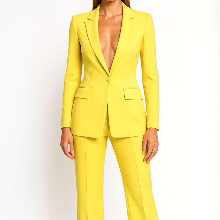 Women's Tailored Wide-Leg Blazer Suit Set Long Jacket - Yellow