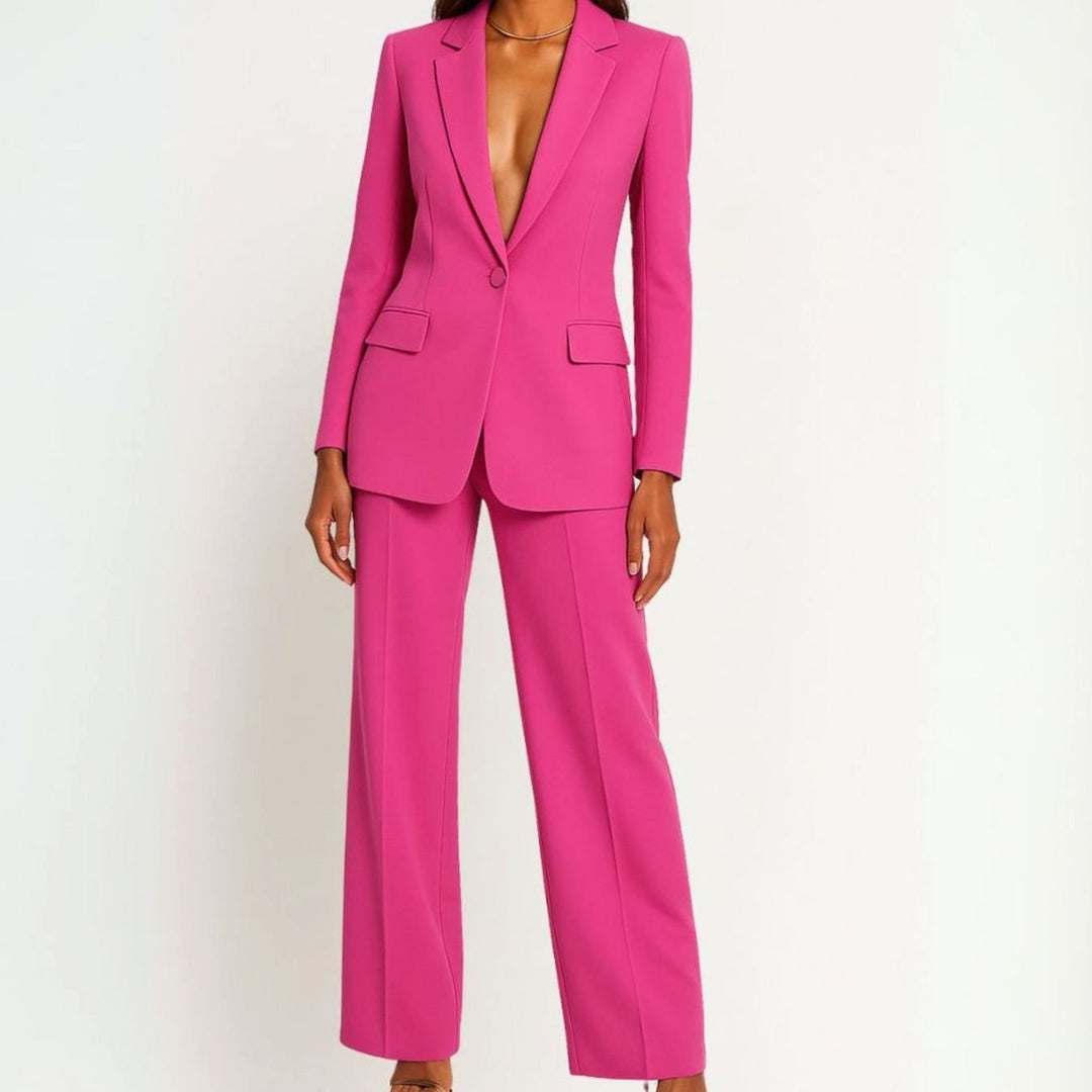 Women's Tailored Wide-Leg Blazer Suit Set Long Jacket - Pink