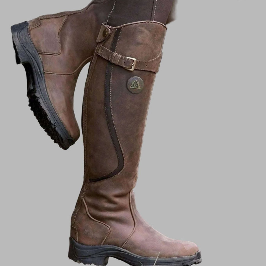 Women's Tall Leather Knee-High Buckle Strap Hiking Boots - Dark Brown