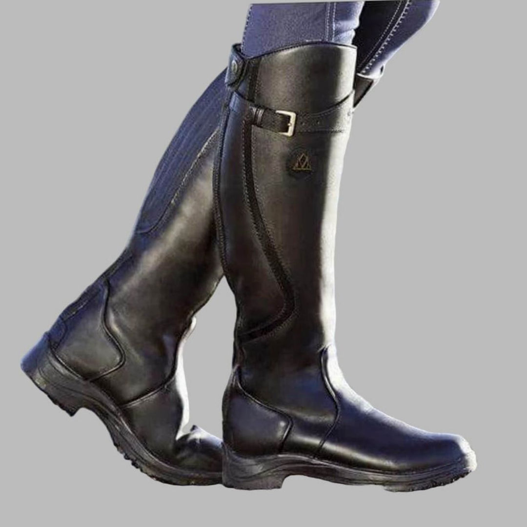 Women's Tall Leather Knee-High Buckle Strap Hiking Boots - Black