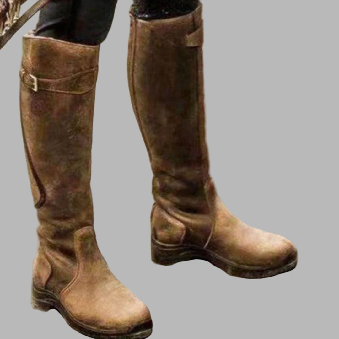 Women's Tall Leather Knee-High Buckle Strap Hiking Boots - Brown