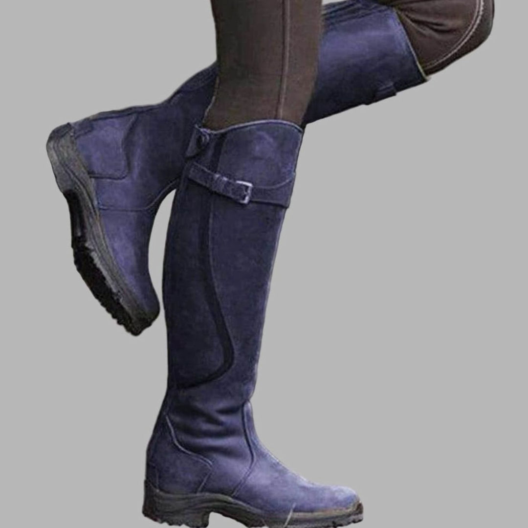 Women's Tall Leather Knee-High Buckle Strap Hiking Boots - Lilac