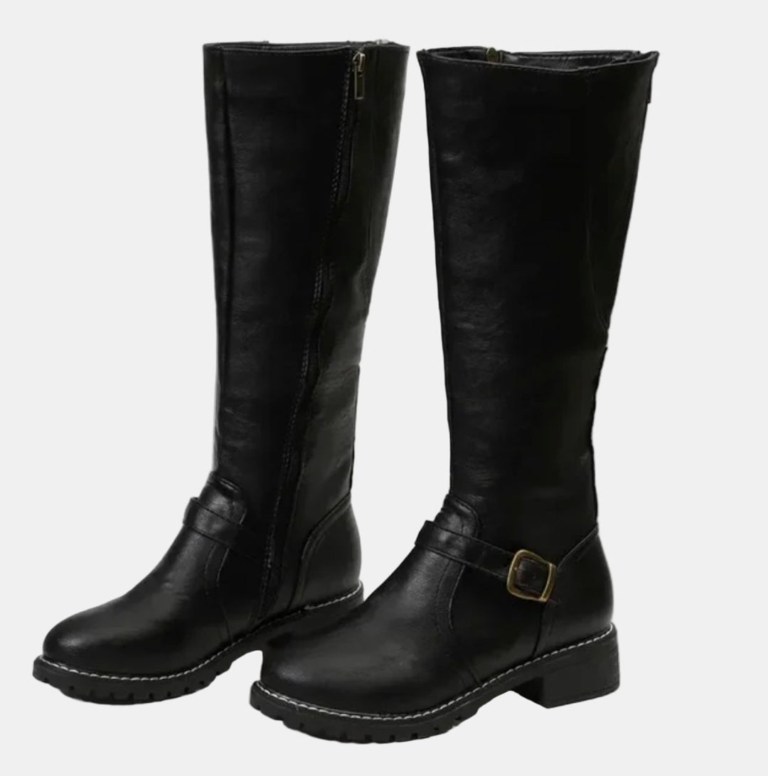 Women's Tall Riding Knee High Boots Buckle Strap Low Heel - Black