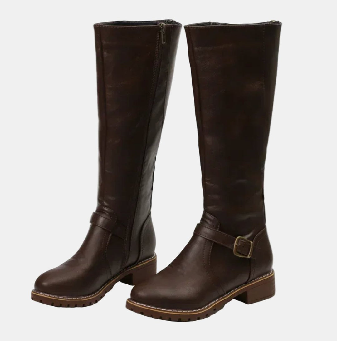 Women's Tall Riding Knee High Boots Buckle Strap Low Heel