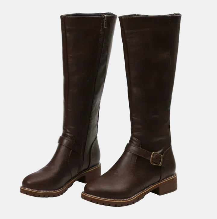 Women's Tall Riding Knee High Boots Buckle Strap Low Heel