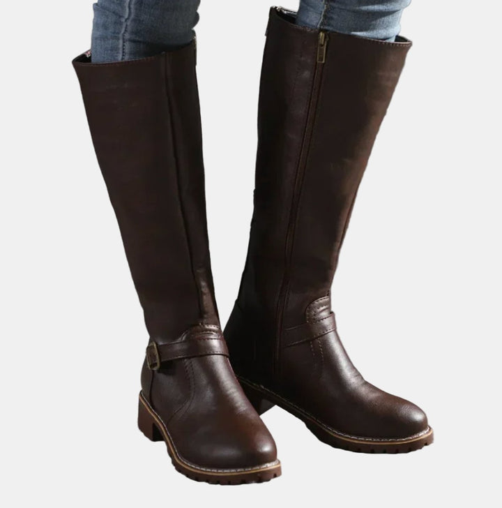Women's Tall Riding Knee High Boots Buckle Strap Low Heel - Dark Brown