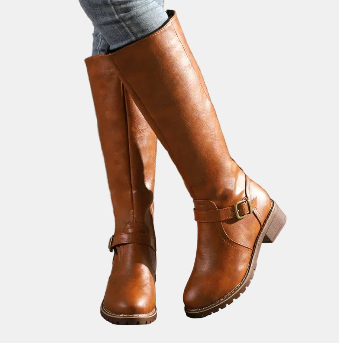 Women's Tall Riding Knee High Boots Buckle Strap Low Heel - Brown