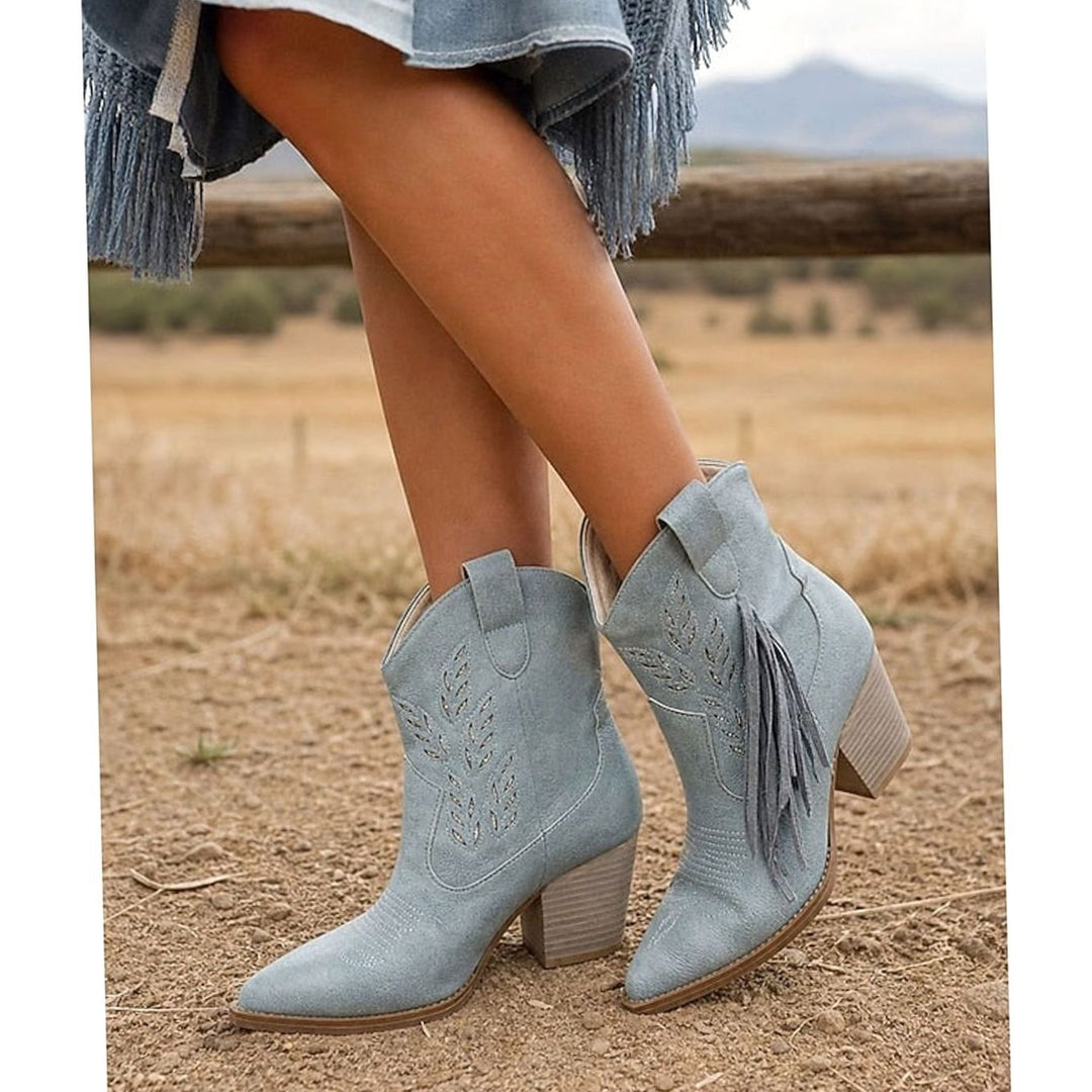 Women's Tasseled Western Ankle Boots Pointed-Toe Block Heel