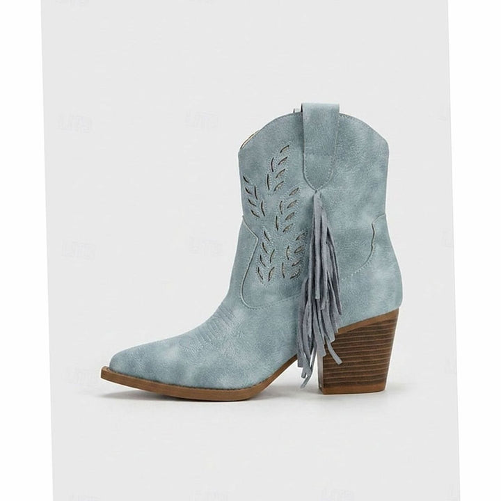Women's Tasseled Western Ankle Boots Pointed-Toe Block Heel