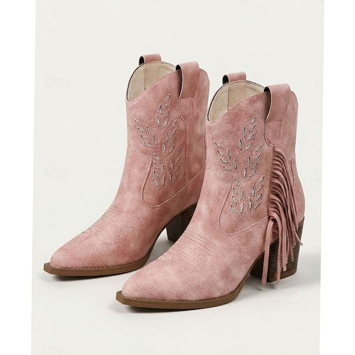Women's Tasseled Western Ankle Boots Pointed-Toe Block Heel - Pink