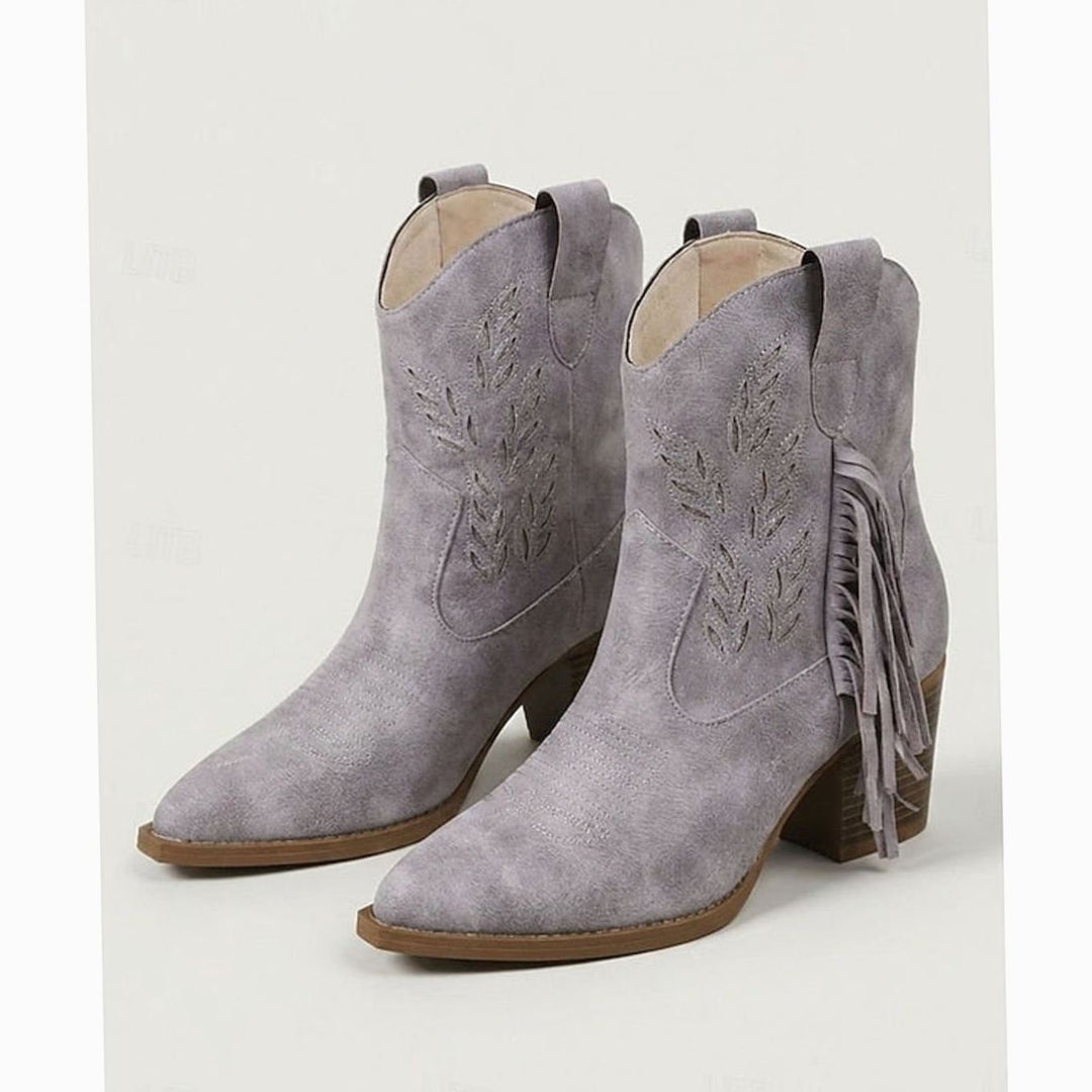 Women's Tasseled Western Ankle Boots Pointed-Toe Block Heel - Purple
