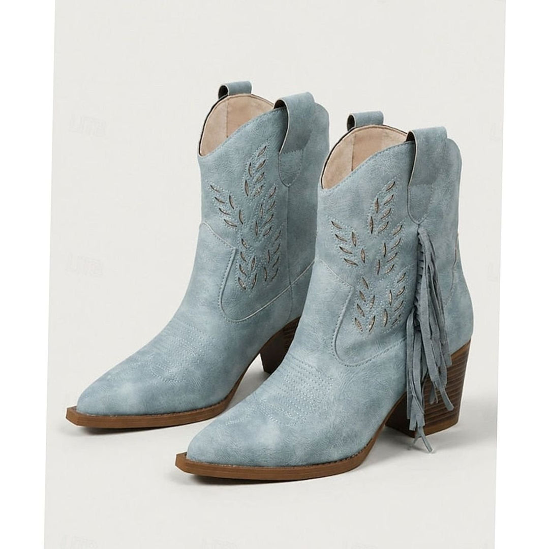 Women's Tasseled Western Ankle Boots Pointed-Toe Block Heel - Blue