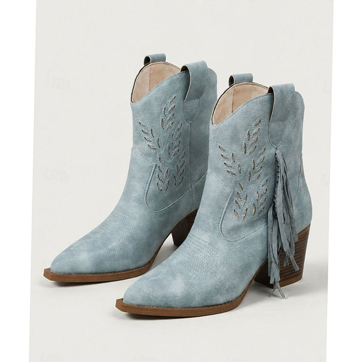 Women's Tasseled Western Ankle Boots Pointed-Toe Block Heel - Blue