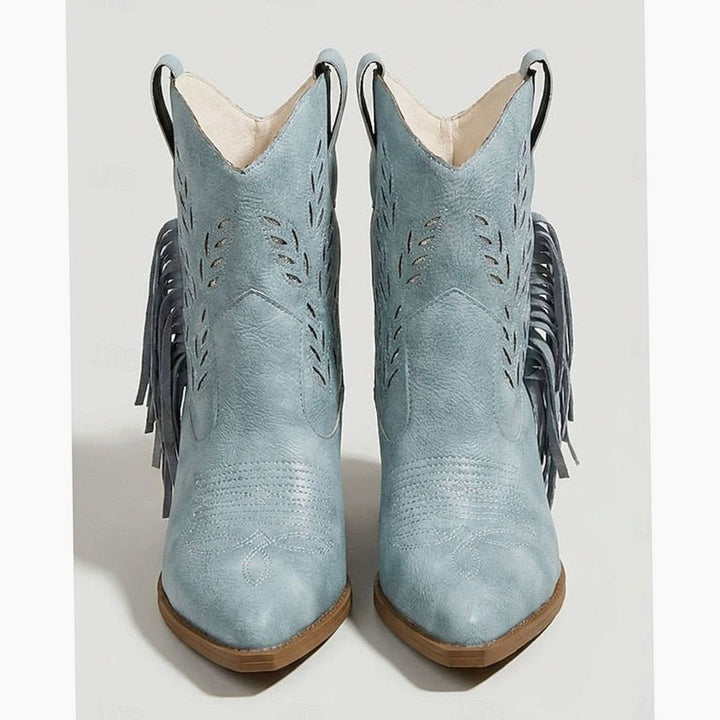 Women's Tasseled Western Ankle Boots Pointed-Toe Block Heel