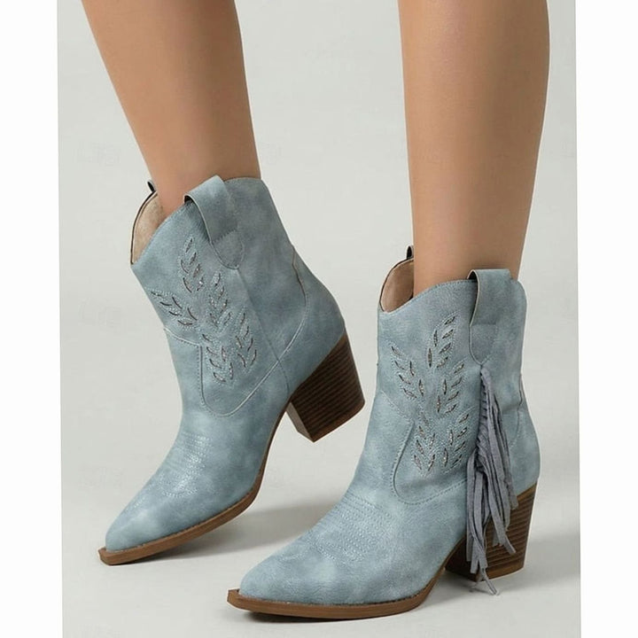 Women's Tasseled Western Ankle Boots Pointed-Toe Block Heel