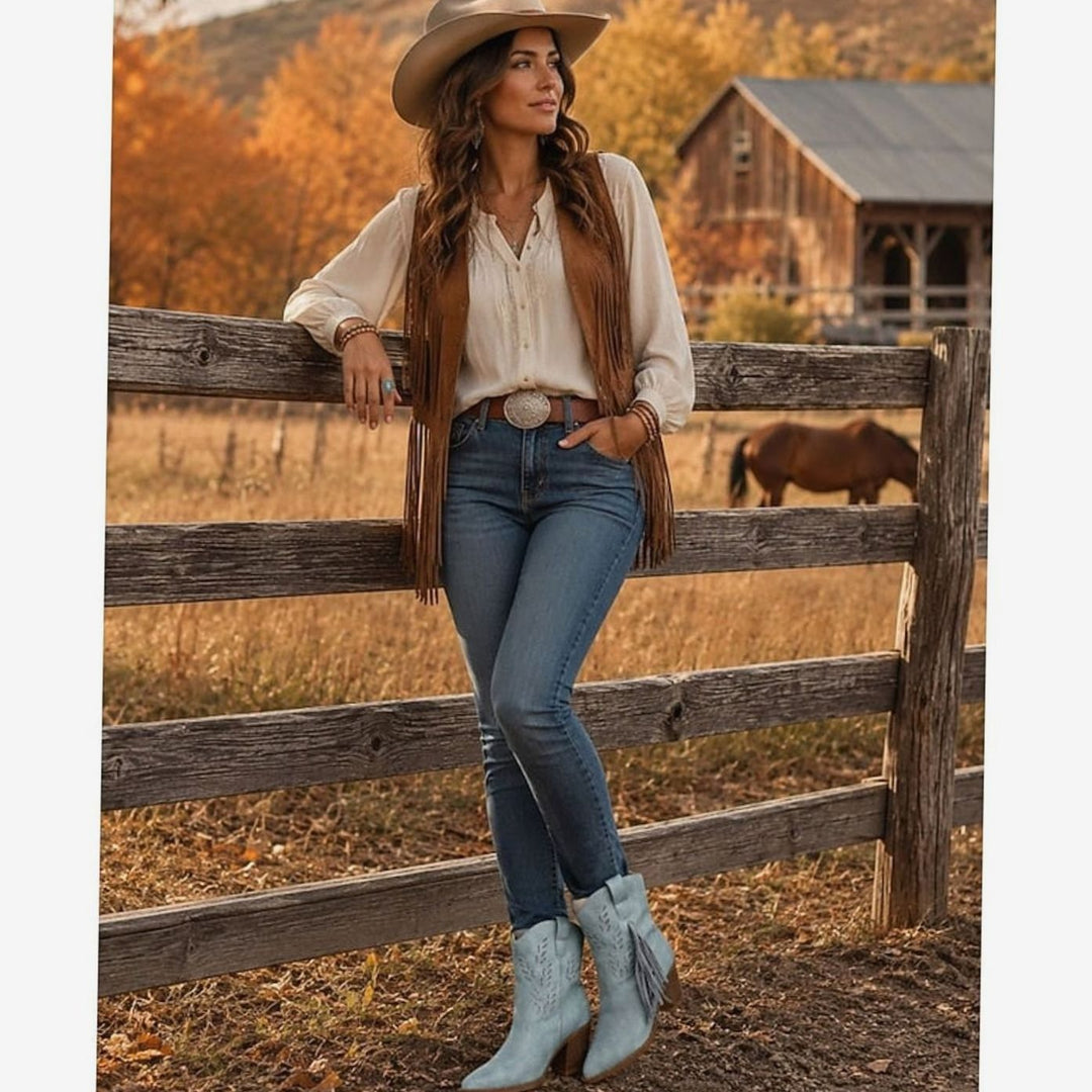 Women's Tasseled Western Ankle Boots Pointed-Toe Block Heel