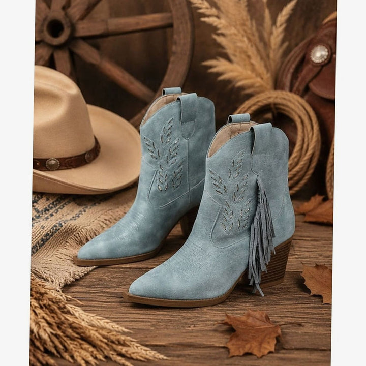 Women's Tasseled Western Ankle Boots Pointed-Toe Block Heel