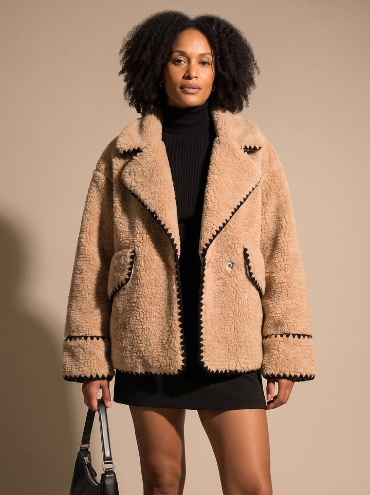 Women's Teddy Fleece Faux Fur Coat Lapel Trim Detail