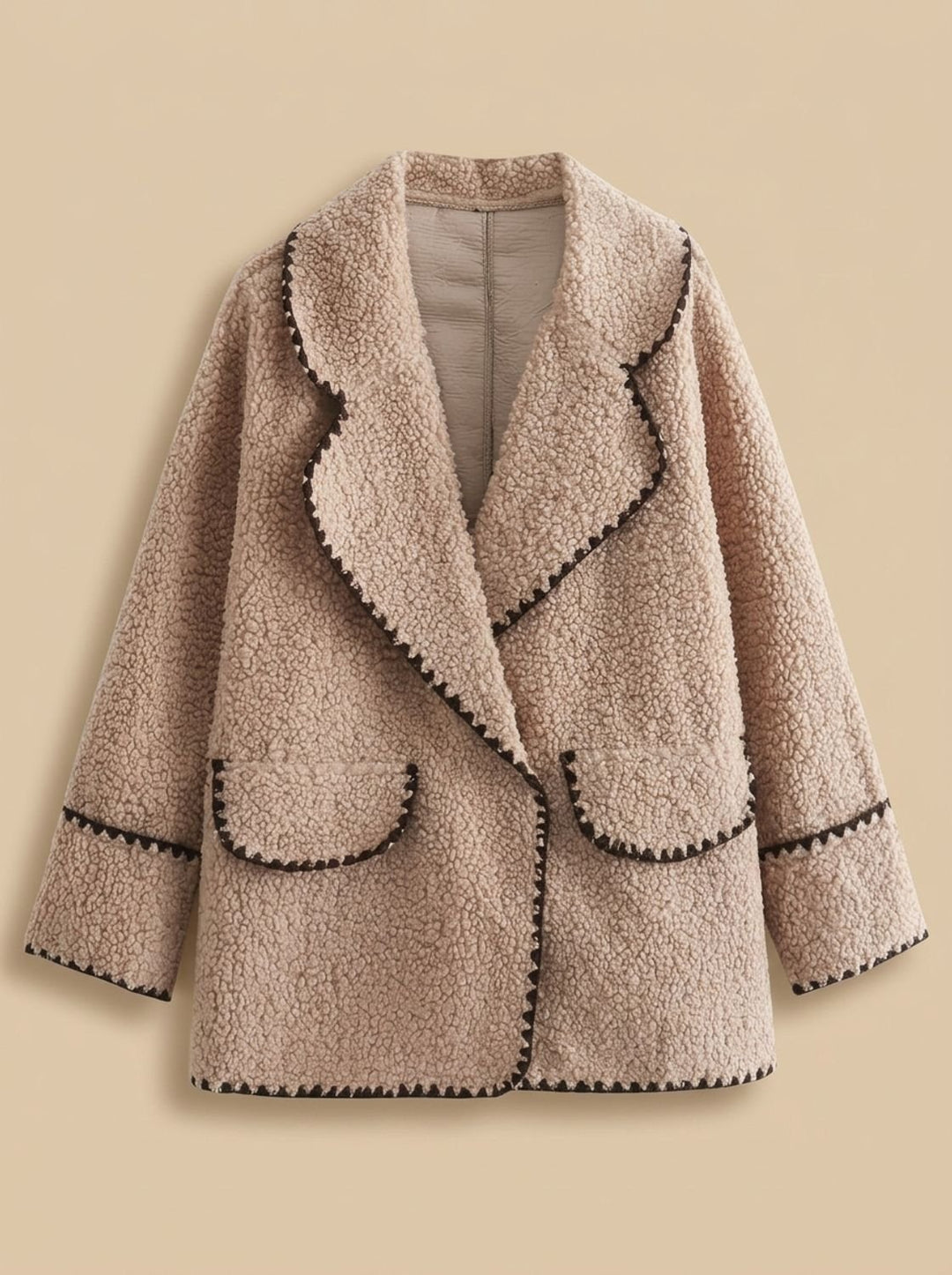 Women's Teddy Fleece Faux Fur Coat Lapel Trim Detail - Khaki