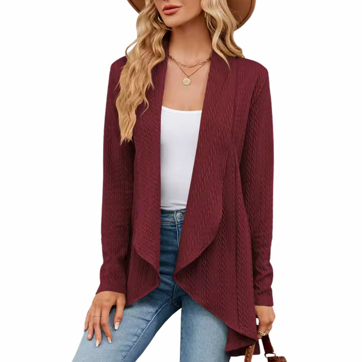 Women's Textured Open-Front Long-Sleeve Cardigan - Red