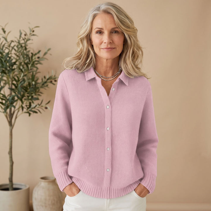 Women's Textured Waffle-Knit Button-Up Collared Cardigan Sweater - Pink