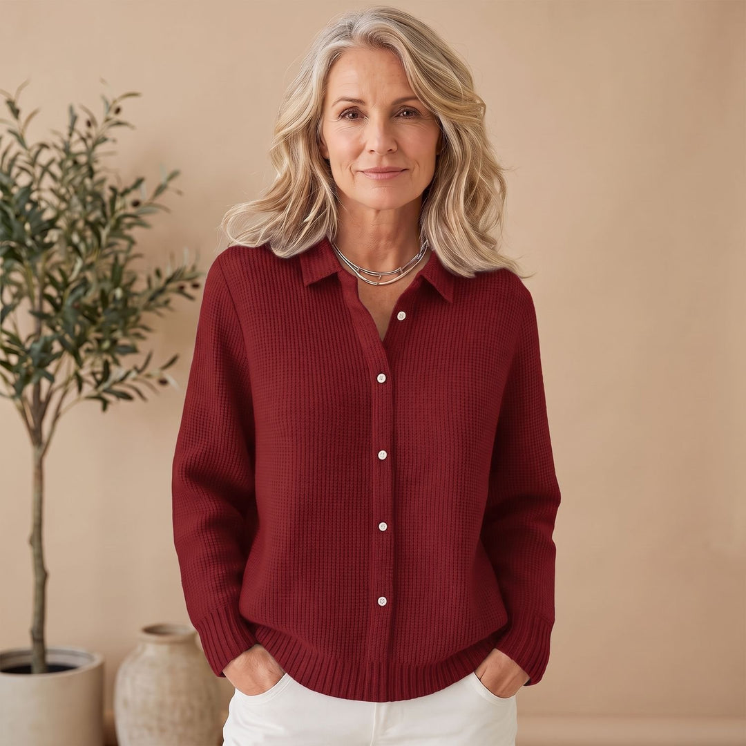 Women's Textured Waffle-Knit Button-Up Collared Cardigan Sweater - Wine Red