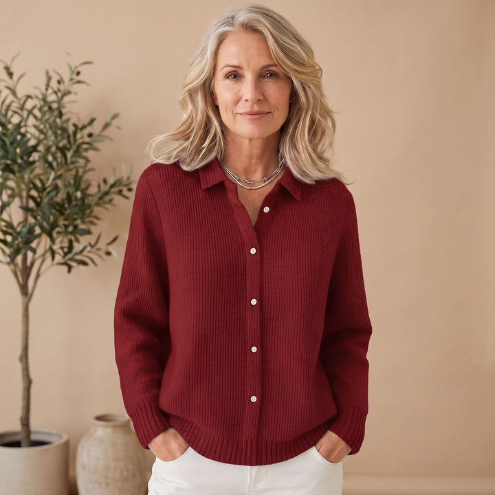 Women's Textured Waffle-Knit Button-Up Collared Cardigan Sweater - Wine Red