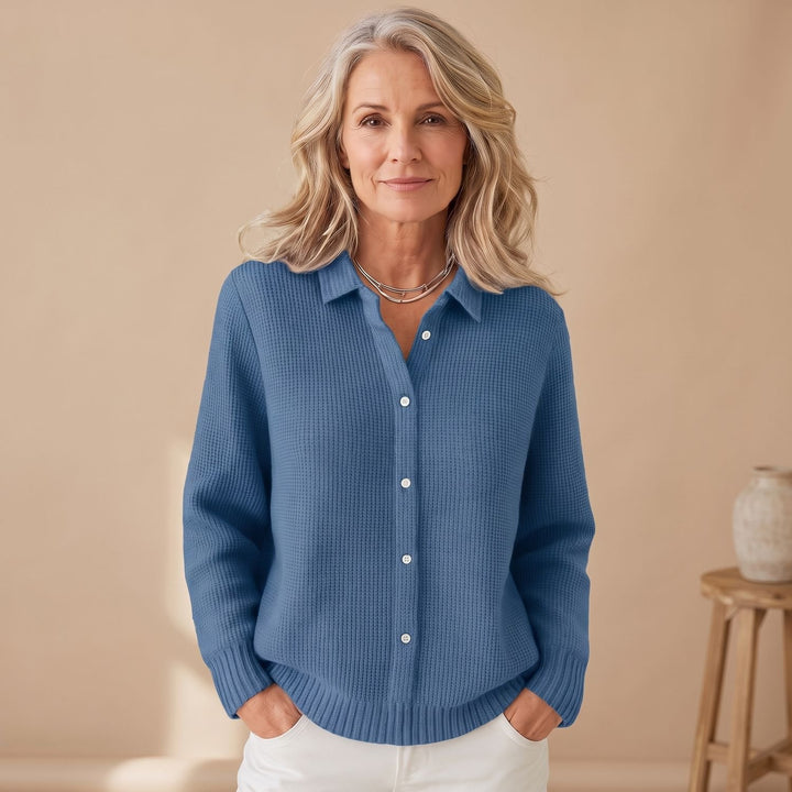 Women's Textured Waffle-Knit Button-Up Collared Cardigan Sweater - Dark Blue
