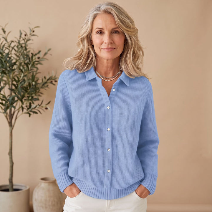 Women's Textured Waffle-Knit Button-Up Collared Cardigan Sweater - Blue