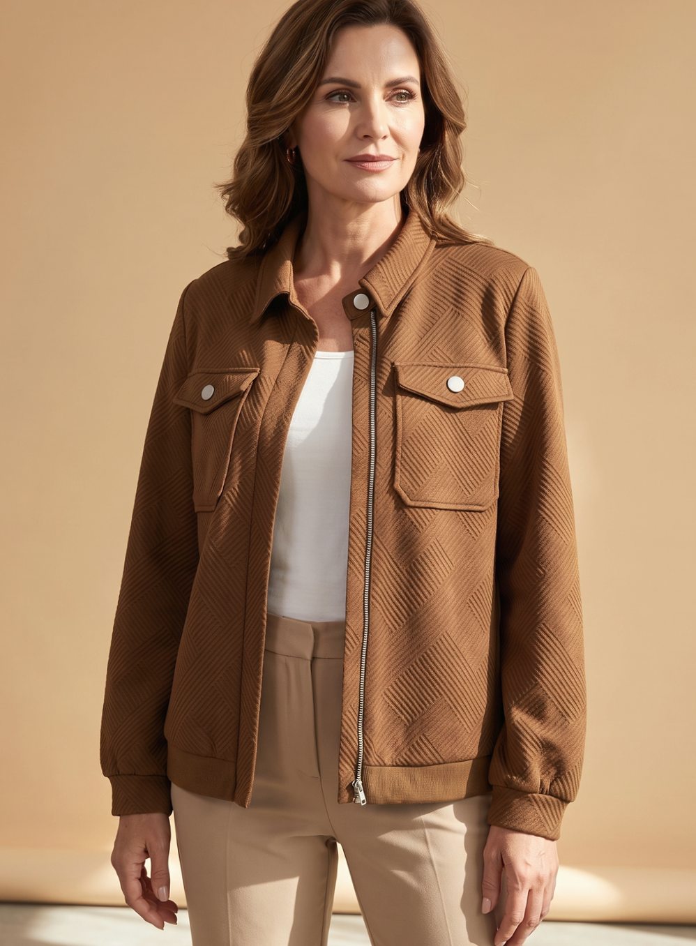 Women's Textured Zip-Up Long-Sleeve Bomber Jacket Chest Pockets