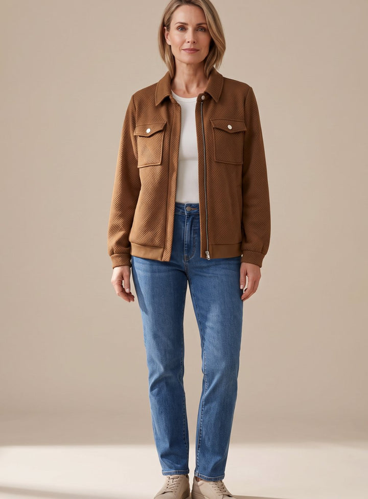 Women's Textured Zip-Up Long-Sleeve Bomber Jacket Chest Pockets