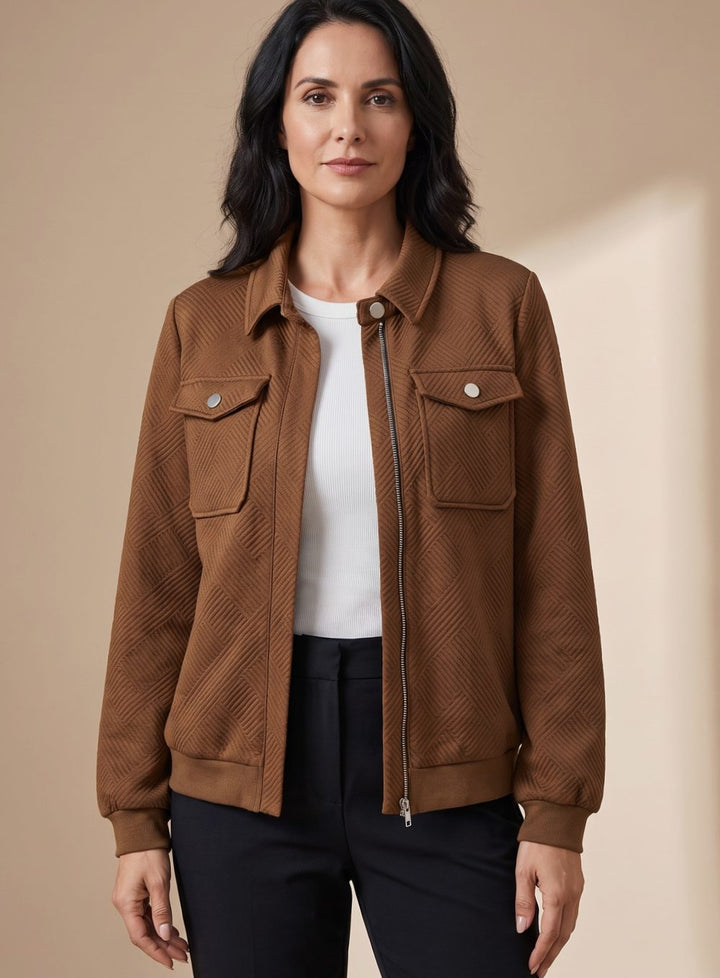 Women's Textured Zip-Up Long-Sleeve Bomber Jacket Chest Pockets