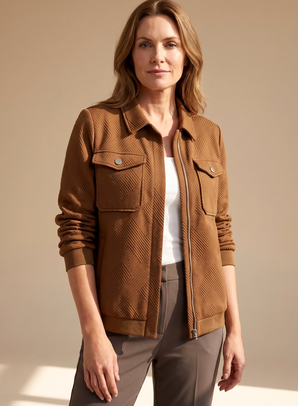 Women's Textured Zip-Up Long-Sleeve Bomber Jacket Chest Pockets - Coffee Brown