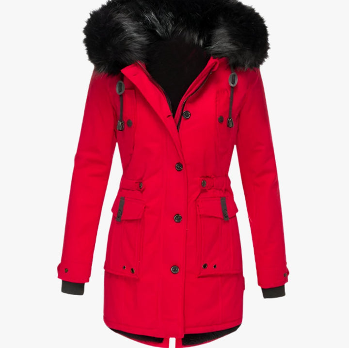 Women's Thick Faux Fur Hooded Drawstring Parka Coat - Red