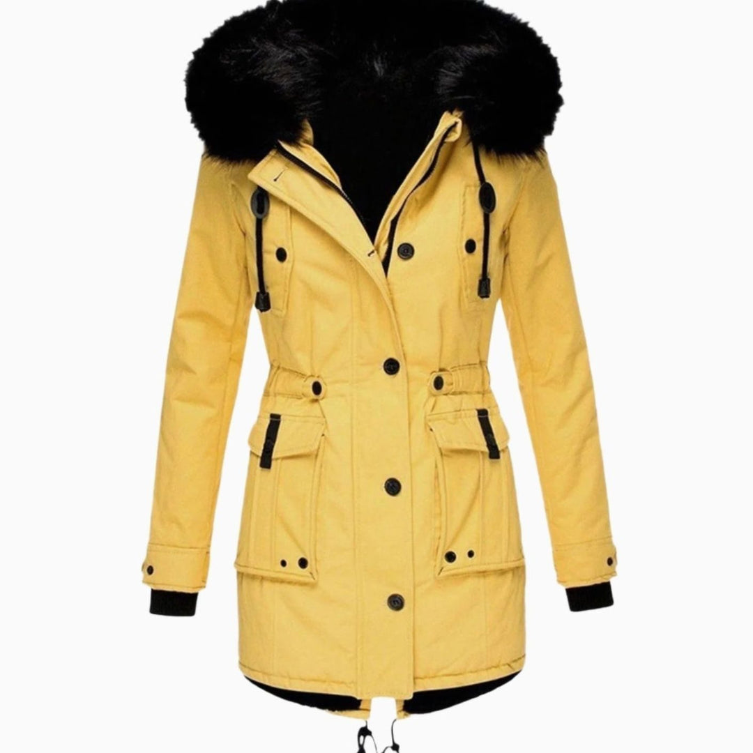Women's Thick Faux Fur Hooded Drawstring Parka Coat - Yellow