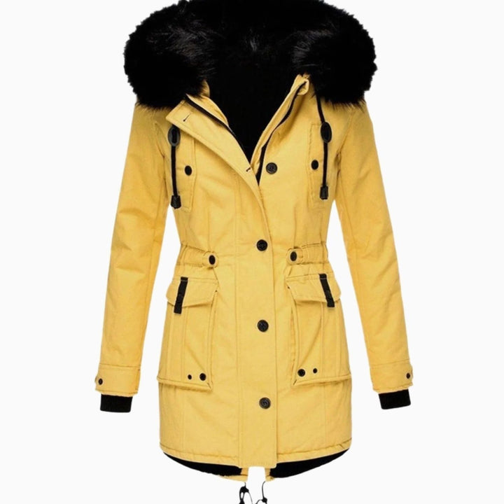 Women's Thick Faux Fur Hooded Drawstring Parka Coat - Yellow