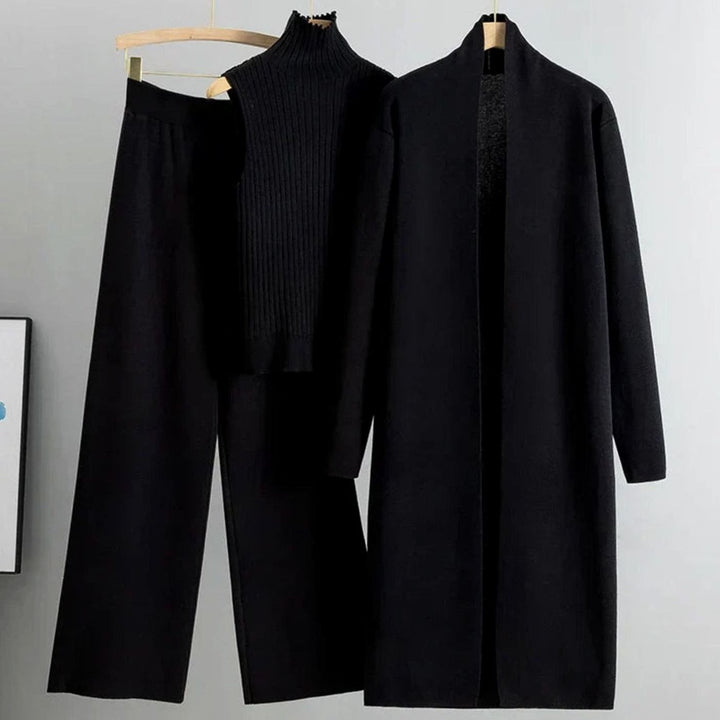 Women's Three-Piece Cardigan Wide-Leg Pants Ribbed Top Knit Set - Black