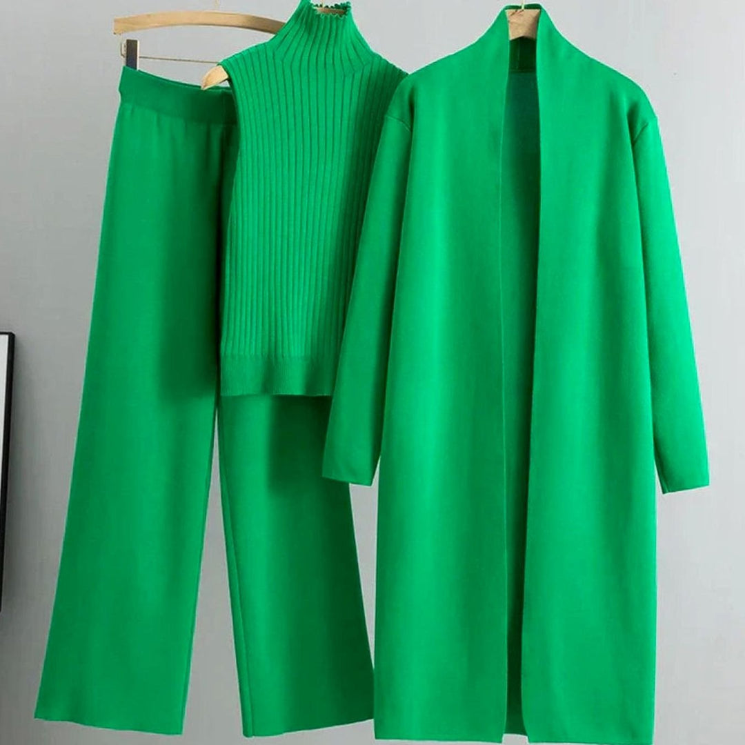 Women's Three-Piece Cardigan Wide-Leg Pants Ribbed Top Knit Set - Green