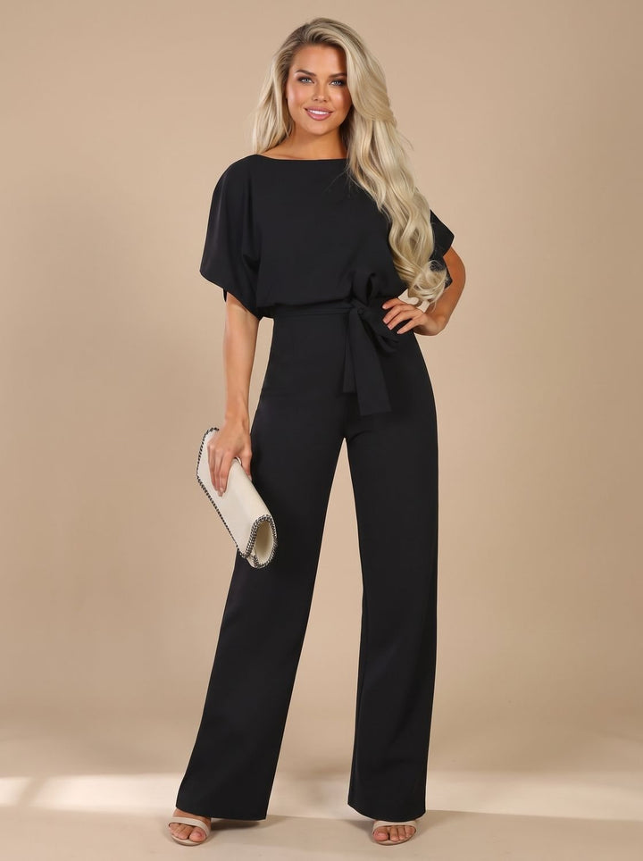 Women's Tie-Belt Wide-Leg Short-Sleeve Jumpsuit - Black