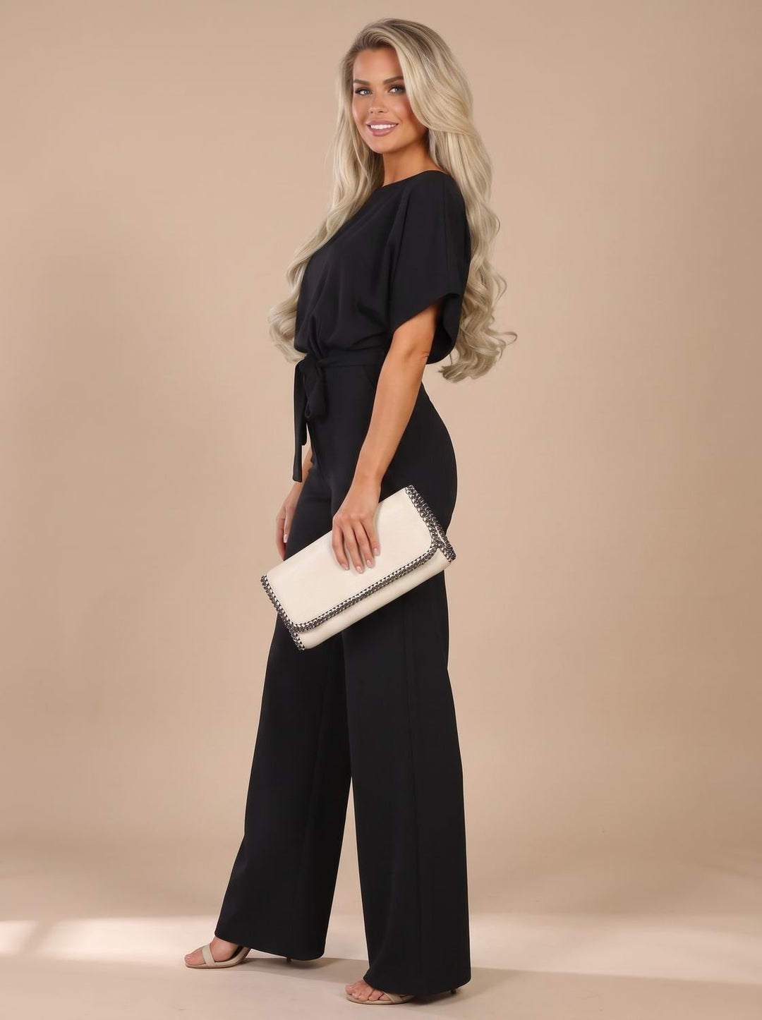 Women's Tie-Belt Wide-Leg Short-Sleeve Jumpsuit